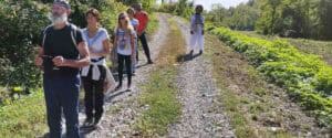 Gruppo di persone immobile in fila indiana su un sentiero sterrato in collina durante una meditazione camminata, tecniche di meditazione Bodhi Vipal al Centro Zorba Il Buddha.