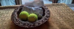 Ciotola in legno intagliato contenente un kit di pratiche personali con Neti Lota per l'irrigazione nasale, palline per automassaggio e un ragno massaggiatore per il cuoio capelluto al Centro Zorba Il Buddha.