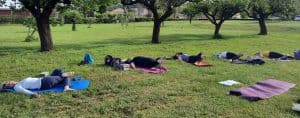 Gruppo di persone distese su tappetini colorati in un prato verde mentre eseguono la posizione yoga della cruna dell'ago (Supta Kapotasana) durante una lezione all'aperto al Centro Zorba Il Buddha.