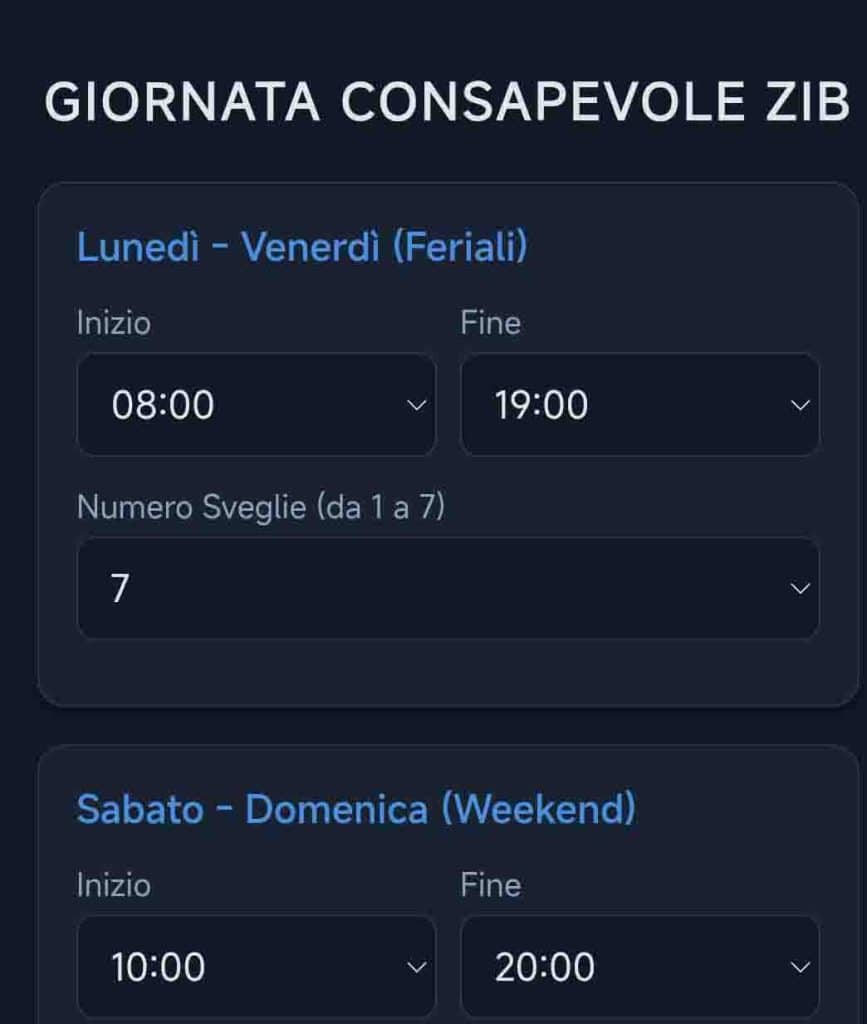 Schermata dell'app Giornata Consapevole ZIB con i pannelli di programmazione orari per giorni feriali e weekend per la meditazione al Centro Zorba Il Buddha.