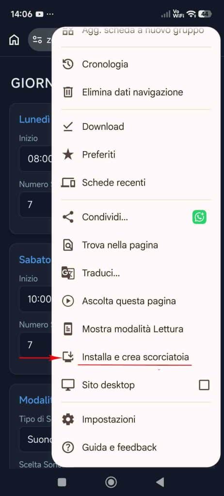 Menu del browser su smartphone con freccia rossa puntata sulla voce Installa e crea scorciatoia per l'app Giornata Consapevole ZIB