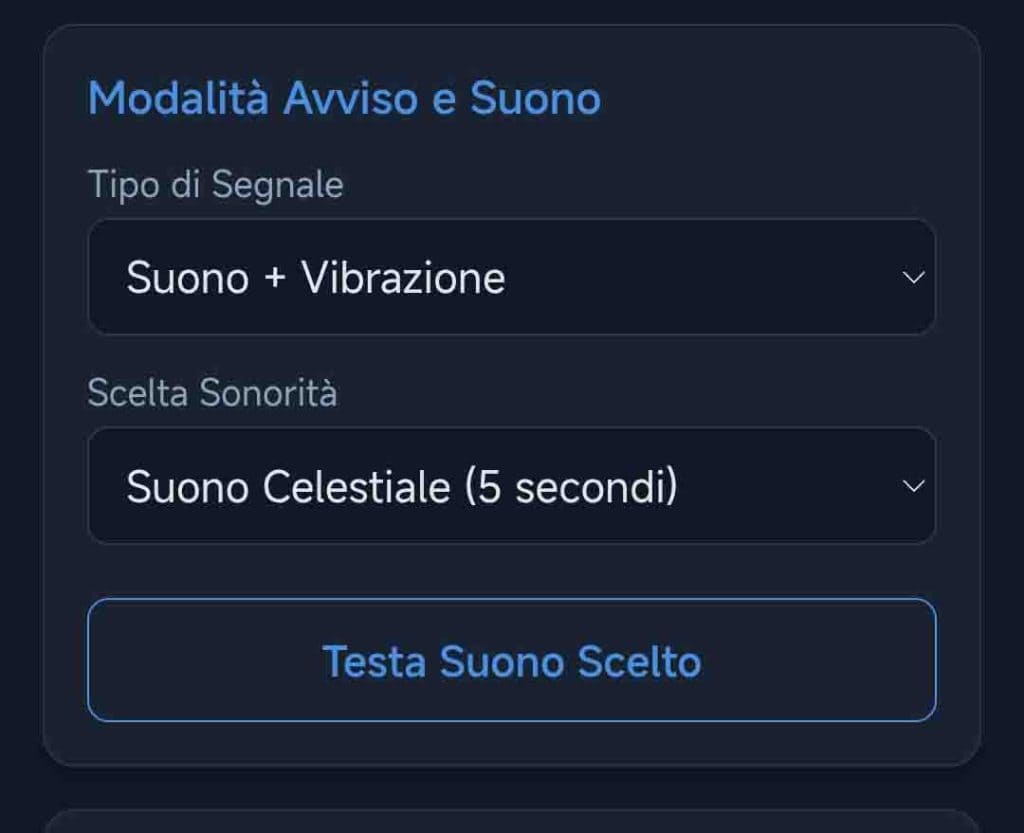 Schermata dell'applicazione Giornata Consapevole ZIB con le impostazioni della sezione Modalità Avviso e Suono, selezione tipo di segnale e scelta sonorità.