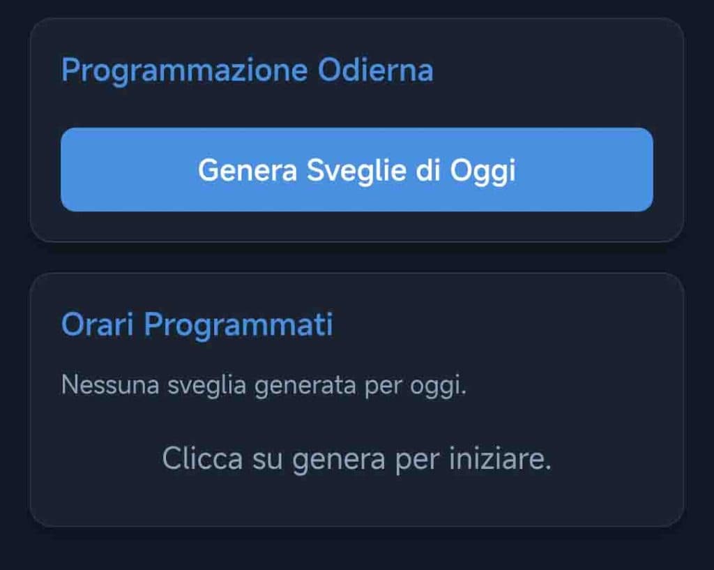 Schermata dell'app Giornata Consapevole ZIB con i moduli Programmazione Odierna, pulsante Genera Sveglie di Oggi e Orari Programmati al Centro Zorba Il Buddha