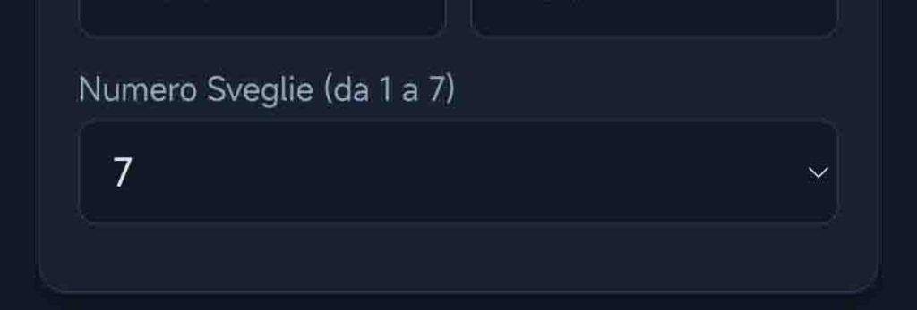 Dettaglio del menu a tendina per la selezione del Numero Sveglie da 1 a 7 nell'app Giornata Consapevole ZIB al Centro Zorba Il Buddha.